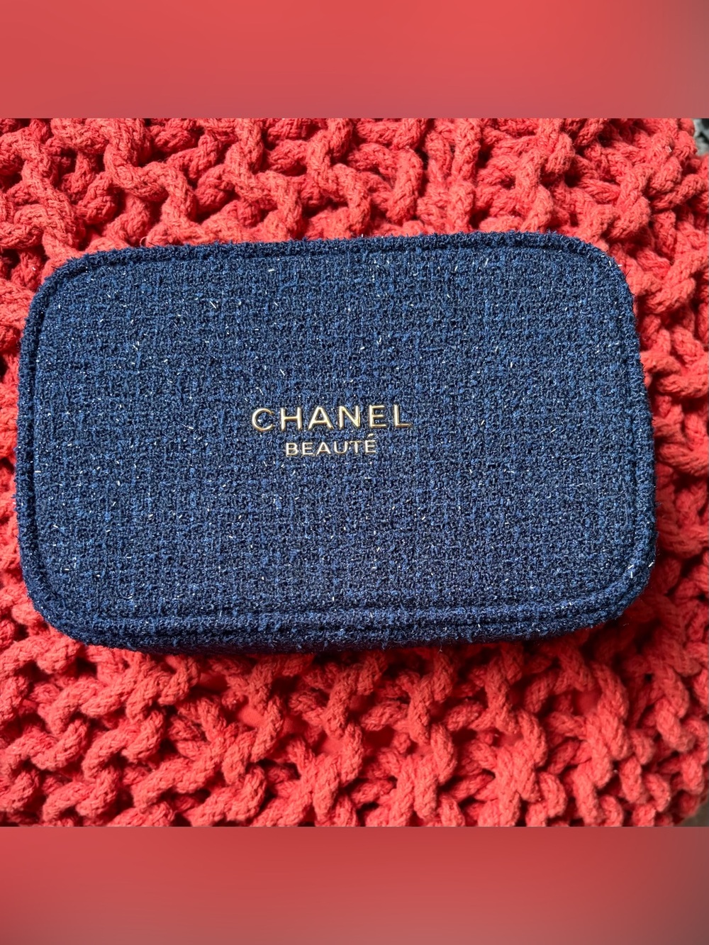 CHANEL Navy Tweed Cosmetic Pouch | Gold Logo & Camellia Charm | NIB - Pouch Only